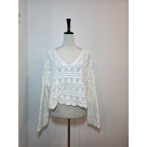 Sincerely Jules Sweaters - Sincerely Jules White Crochet Scallop Boho Bell Sleeve Crop Sweater Top Size L